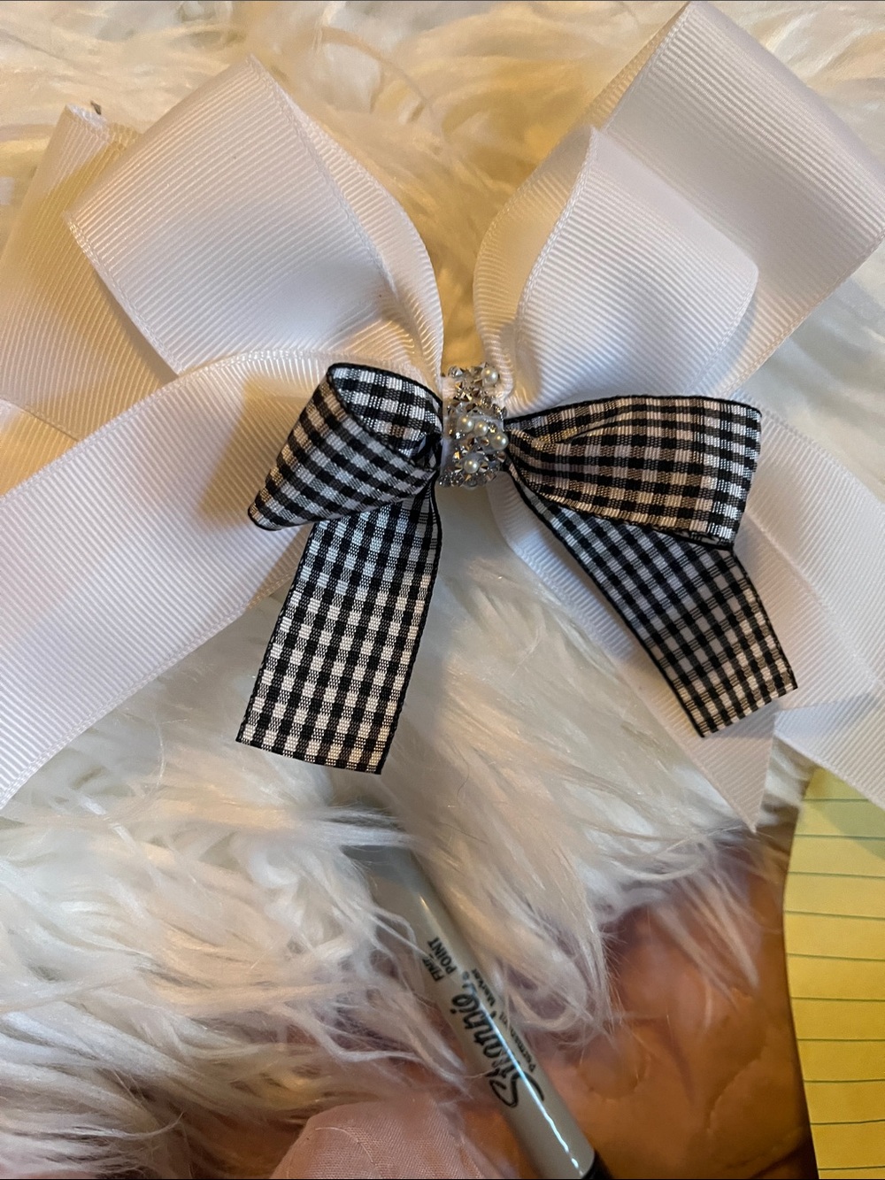 White Grosgrain Hair Bow with Black Gingham Accent and Rhinestone Center